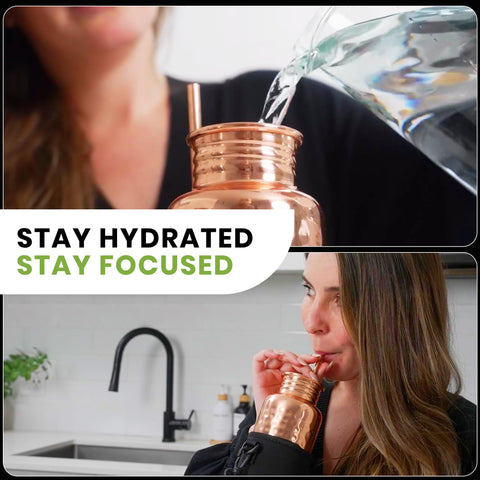 Kamojo Copper Water Bottle for Drinking - Hammered Pure Copper Water Bottle with Leak Proof Copper Lid Removable Insulating Sleeve & Copper Straw - Handcrafted Copper Bottle for Men & Women 32 fl oz