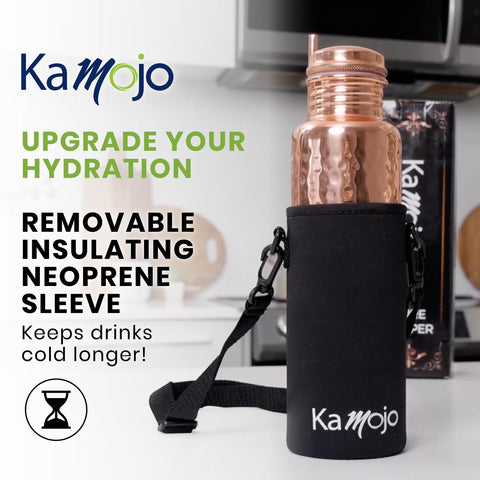 Kamojo Copper Water Bottle for Drinking - Hammered Pure Copper Water Bottle with Leak Proof Copper Lid Removable Insulating Sleeve & Copper Straw - Handcrafted Copper Bottle for Men & Women 32 fl oz