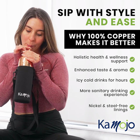 Kamojo Copper Water Bottle for Drinking - Hammered Pure Copper Water Bottle with Leak Proof Copper Lid Removable Insulating Sleeve & Copper Straw - Handcrafted Copper Bottle for Men & Women 32 fl oz