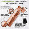 Image of Kamojo Copper Water Bottle for Drinking - Hammered Pure Copper Water Bottle with Leak Proof Copper Lid Removable Insulating Sleeve & Copper Straw - Handcrafted Copper Bottle for Men & Women 32 fl oz