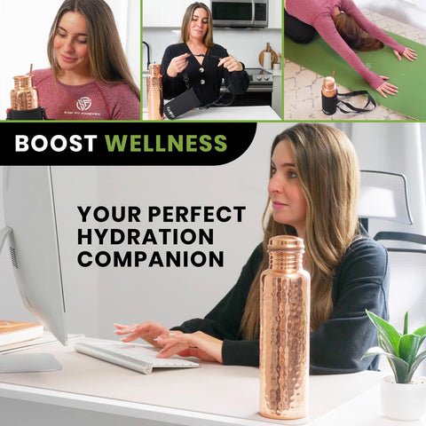 Kamojo Copper Water Bottle for Drinking - Hammered Pure Copper Water Bottle with Leak Proof Copper Lid Removable Insulating Sleeve & Copper Straw - Handcrafted Copper Bottle for Men & Women 32 fl oz