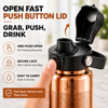 Image of Kamojo Pure Copper Water Bottle for Drinking – Etched Handcrafted Design, Flip-Top Push Button Lid, Copper Straw & Insulating Sleeve – Ayurvedic Cup