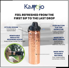 Copper Water Bottle Anti-Bacterial - Push Button Sports Lid - Removable Insulated Neoprene Sleeve and Optional Copper Straw