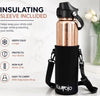 Image of Kamojo Pure Copper Water Bottle for Drinking – Etched Handcrafted Design, Flip-Top Push Button Lid, Copper Straw & Insulating Sleeve – Ayurvedic Cup