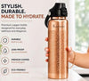 Image of Kamojo Pure Copper Water Bottle for Drinking – Etched Handcrafted Design, Flip-Top Push Button Lid, Copper Straw & Insulating Sleeve – Ayurvedic Cup