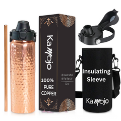 Copper Water Bottle Anti-Bacterial - Push Button Sports Lid - Removable Insulated Neoprene Sleeve and Optional Copper Straw