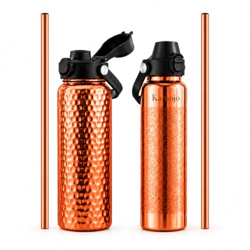Kamojo Copper Water Bottle, Hammered & Etched Bundle, 2 x 32 oz, with Straws & Sleeves