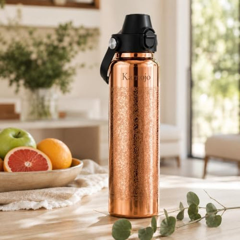 Kamojo Copper Water Bottle, Hammered & Etched Bundle, 2 x 32 oz, with Straws & Sleeves