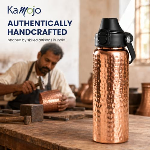 Kamojo Copper Water Bottle, Hammered & Etched Bundle, 2 x 32 oz, with Straws & Sleeves