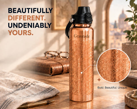 Kamojo Copper Water Bottle, Hammered & Etched Bundle, 2 x 32 oz, with Straws & Sleeves