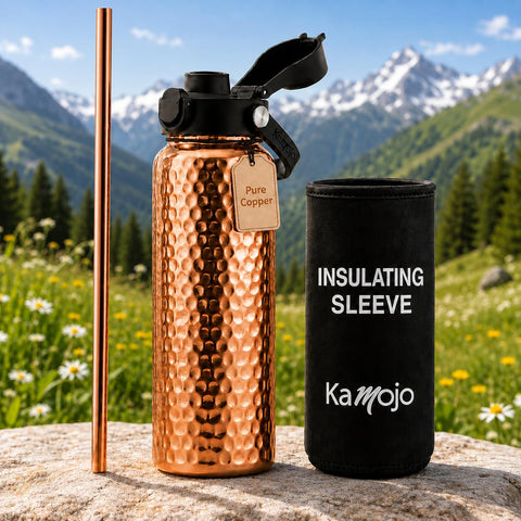 Kamojo Copper Water Bottle, Hammered & Etched Bundle, 2 x 32 oz, with Straws & Sleeves