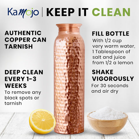 Kamojo Copper Water Bottle for Drinking - Hammered Pure Copper Water Bottle with Leak Proof Copper Lid, Removable Insulating Sleeve & Copper Straw - Handcrafted Copper Bottle for Men & Women 32 fl oz