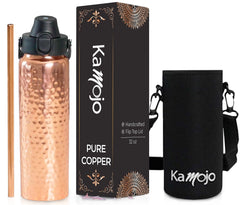 Copper Water Bottle Anti-Bacterial - Push Button Sports Lid - Removable Insulated Neoprene Sleeve and Optional Copper Straw