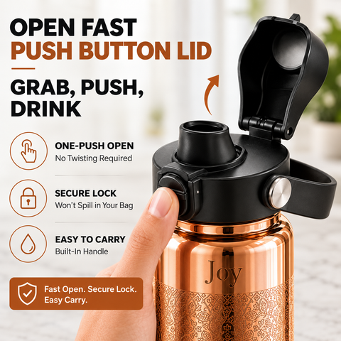 Kamojo Pure Copper Water Bottle for Drinking – Etched Handcrafted Design, Flip-Top Push Button Lid, Copper Straw & Insulating Sleeve – Ayurvedic Cup
