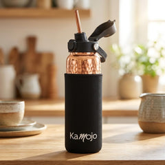 Copper Water Bottle Anti-Bacterial - Push Button Sports Lid - Removable Insulated Neoprene Sleeve and Optional Copper Straw