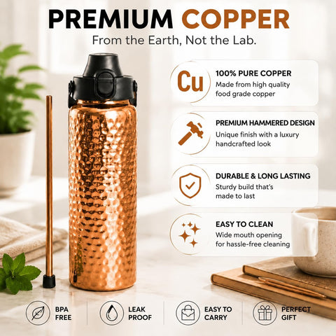 Copper Water Bottle Anti-Bacterial - Push Button Sports Lid - Removable Insulated Neoprene Sleeve and Optional Copper Straw