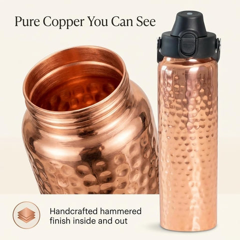 Copper Water Bottle Anti-Bacterial - Push Button Sports Lid - Removable Insulated Neoprene Sleeve and Optional Copper Straw