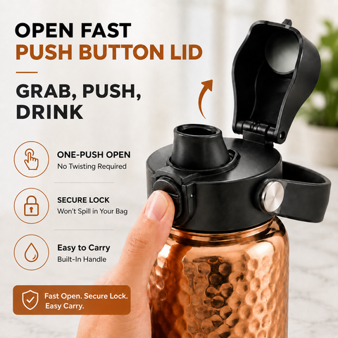 Copper Water Bottle Anti-Bacterial - Push Button Sports Lid - Removable Insulated Neoprene Sleeve and Optional Copper Straw