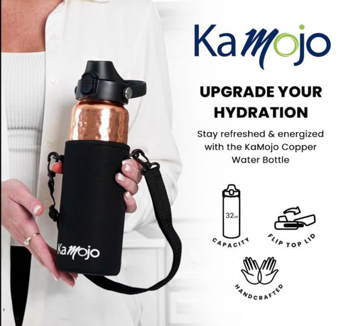 Copper Water Bottle Anti-Bacterial - Push Button Sports Lid - Removable Insulated Neoprene Sleeve and Optional Copper Straw