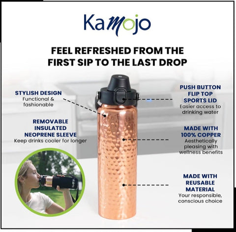 Copper Water Bottle Special  - Removable Insulated Neoprene Sleeve and Optional Copper Straw