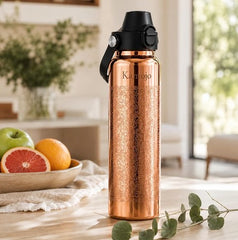 Kamojo Pure Copper Water Bottle for Drinking – Etched Handcrafted Design, Flip-Top Push Button Lid, Copper Straw & Insulating Sleeve – Ayurvedic Cup