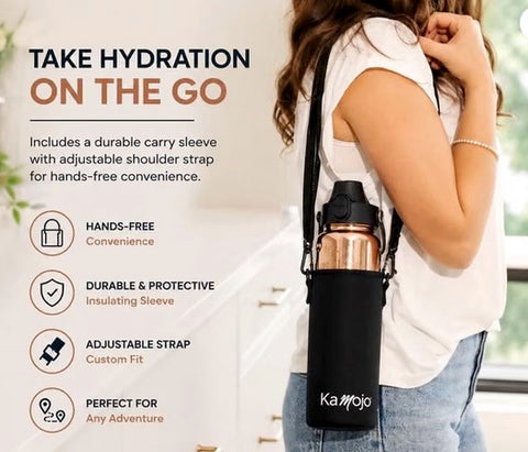 Kamojo Pure Copper Water Bottle for Drinking – Etched Handcrafted Design, Flip-Top Push Button Lid, Copper Straw & Insulating Sleeve – Ayurvedic Cup