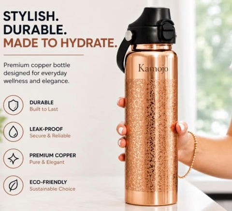 Kamojo Pure Copper Water Bottle for Drinking – Etched Handcrafted Design, Flip-Top Push Button Lid, Copper Straw & Insulating Sleeve – Ayurvedic Cup