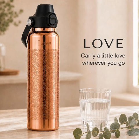 Kamojo Pure Copper Water Bottle for Drinking – Etched Handcrafted Design, Flip-Top Push Button Lid, Copper Straw & Insulating Sleeve – Ayurvedic Cup