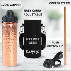 Copper Water Bottle Anti-Bacterial - Push Button Sports Lid - Removable Insulated Neoprene Sleeve and Optional Copper Straw