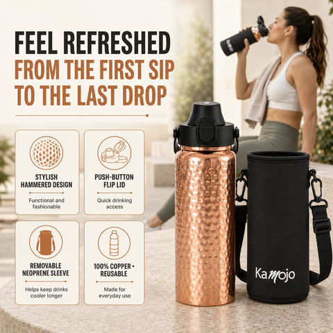 Copper Water Bottle Anti-Bacterial - Push Button Sports Lid - Removable Insulated Neoprene Sleeve and Optional Copper Straw