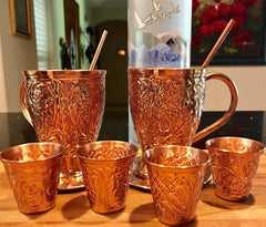 Embossed Copper Bundle - 4 Copper Mugs and Shot Glasses
