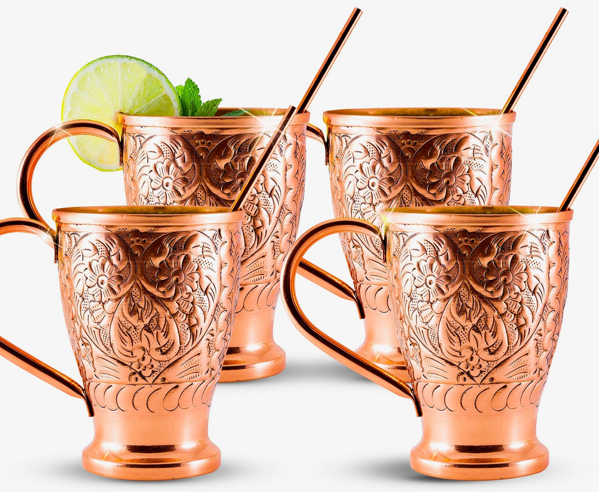 Embossed Exclusive Moscow Mule Copper Mugs Gift Set of 4