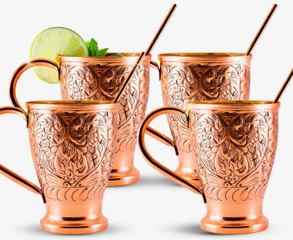 Embossed Exclusive Moscow Mule Copper Mugs Gift Set of 4