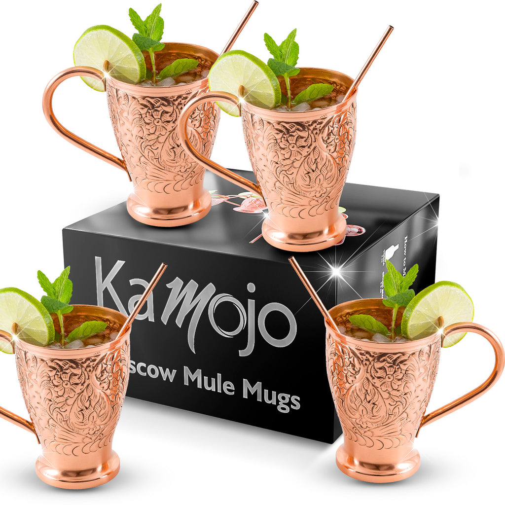 Kamojo Moscow Mule Mugs Set of 2 - Premium Unique Embossed Design &  Anti-Tarnish, Food-Grade Coating - Copper Cups Gift Set with 2 Copper  Straws 