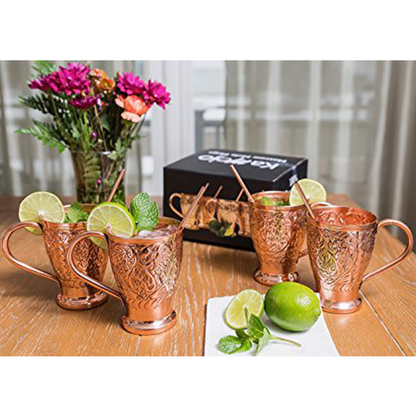 Embossed Exclusive Moscow Mule Copper Mugs Gift Set of 4