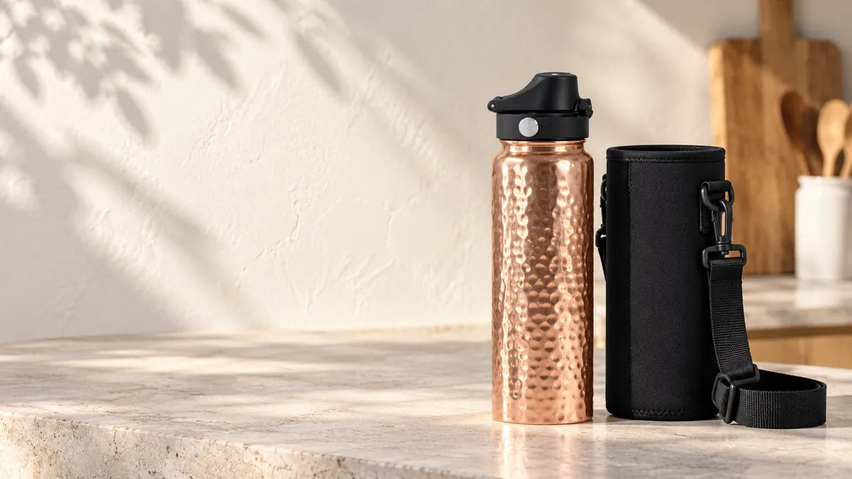 Copper bottle beside its neoprene sleeve on a stone counter